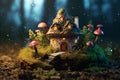 Magic dark fairy tale forest at night with glowing lights and mushrooms. Illustration. Generative AI Royalty Free Stock Photo