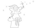 Fairy tale fairy with magic wand is sitting on large mushroom for coloring book. Coloring book for kids Royalty Free Stock Photo