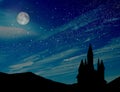 Fairy tale. Magnificent castle under starry sky with full moon Royalty Free Stock Photo