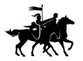 Medieval king and banner man riding horses black vector silhouette outline