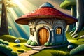 Fairy tale mushroom house among green trees Royalty Free Stock Photo