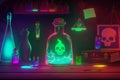 Fairy tale neon painted poison colorful potion on table, generative ai