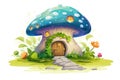 A fairy tale painting cartoon house, built in a giant blue mushroom. Isolated white background Royalty Free Stock Photo