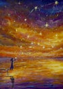 Fairy tale painting illustration of girl on bridge launches magical stars into sunset over river