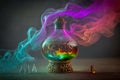 Fairy tale poison or healing colorful potion on table, generative ai