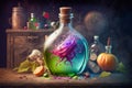 Fairy tale poison or healing colorful potion on table, generative ai