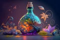 Fairy tale poison or healing colorful potion on table, generative ai