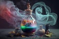 Fairy tale poison or healing colorful potion on table, generative ai