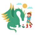 Fairy tale prince with dragon isolated on white background. Vector fantasy young monarch in crown with magic creature. Medieval Royalty Free Stock Photo