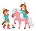 Fairy tale prince with princess on a pink horse on white background. Vector fantasy young monarch in crown with girl. Medieval