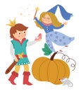 Fairy tale prince with fairy, pumpkin, lost shoe, mouse. Vector fantasy young monarch in crown icon. Medieval fairytale characters Royalty Free Stock Photo