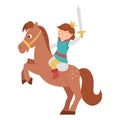 Fairy tale prince with sward on a horse on the rack isolated on white background. Vector fantasy young monarch in crown ready to