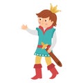 Fairy tale prince with sward isolated on white background. Vector fantasy young monarch in crown. Medieval fairytale character.