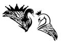 Fairy tale princess swan bird with crown black and white vector portrait set Royalty Free Stock Photo