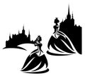 Fairy tale queen and medieval castle black vector silhouette set