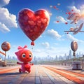 Fairy tale red creature or having a balloon whooping heart so much city, skyscrapers, walls. Heart asmbol of affection and Royalty Free Stock Photo