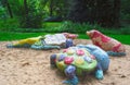 Fairy tale sculptures crocodile turtle and pig in the park of the Castle Schloss Neersen in Germany