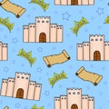 Fairy tale seamless pattern. Castle, diadem, stars and old scroll. blue background. Hand drawing. Vector illustration. Royalty Free Stock Photo