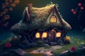 Fairy tale sparkling house among grass in magic forest. Generative AI Royalty Free Stock Photo