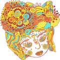 Fairy tale surreal girl colorful psychedelic portrait. Doodle surreal woman s head with hair and fantastic hat. Vector