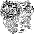 Fairy tale surreal girl portrait. Doodle woman`s head with hair