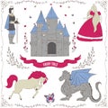 Fairy tale theme. Prince, princess, castle, dragon, fairy, horse. Collection of decorative design elements. Royalty Free Stock Photo