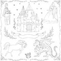 Fairy tale theme. Prince, princess, castle, dragon, fairy, horse.
