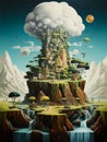 fairy tale town A castle in the middle of a giant tree, covered in thick clouds, AI generated.