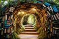 Fairy tale tunnel of books in the forest. Halloween concept, Embark on a spicy ramen adventure with a steaming bowl of noodles,