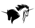 Fairy tale unicorn horse head profile black and white vector outline and silhouette