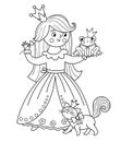 Fairy tale vector black and white princess with frog prince and cat. Fantasy line girl in crown. Medieval fairytale maid coloring Royalty Free Stock Photo