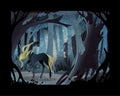 Fairy tale vector illustration. Black unicorn in front of misty forest