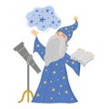 Fairy tale vector stargazer with telescope holding spell book. Fantasy wizard in tall hat isolated on white background. Fairytale