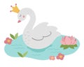 Fairy tale vector swan princess. Fantasy bird in crown in pond with water lily isolated on white background. Fairytale animal