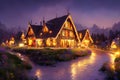 Fairy tale village with mysterious lights. Generative AI.