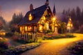 Fairy tale village with mysterious lights. Generative AI.