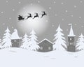 Fairy tale winter landscape. Santa Claus is riding across the sky on deers Royalty Free Stock Photo