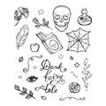 Fairy tale witch set. Halloween line vector illustration. Fantasy icons, mono vector symbols