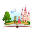 Fairy tales book. Fantasy tale characters, magic life library. Open book with fantasy kingdom castle. Kids dream vector Royalty Free Stock Photo