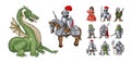 Fairy tales cartoon characters. Fantasy knight and dragon, princess and knights