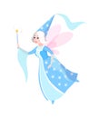 Fairy tales character. Cartoon woman in dress and cone hat with butterfly wings, sorceress with magic wand, fantasy