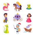Fairy Tales Character with Dragon, Frog, Knight, Princess, Carriage and Boat Vector Set