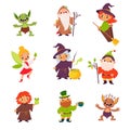 Fairy Tales Character with Goblin, Warlock, Witch, Pixie, Gnome and Leprechaun Vector Set