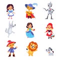 Fairy Tales Character with Robot, Cat in Boots, Red Riding Hood, Snow White, Lion, Puppy and Scarecrow Vector Set