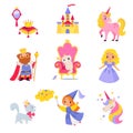 Fairy Tales Character with Unicorn, King, Pixie, Cat and Castle with Crown Vector Set Royalty Free Stock Photo