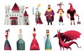 Fairy tales characters. Fantasy knight and dragon, prince and princess, magic world queen and king with castle tale Royalty Free Stock Photo