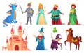 Fairy tales characters. Fantasy knight and dragon, prince and princess, magic world queen and king isolated cartoon