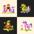 Fairy tales flat design magic cartoon characters compositions set Royalty Free Stock Photo