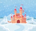 Fairy tales winter castle. Magical snowy landscape with medieval castle cartoon vector background illustration Royalty Free Stock Photo