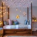 A fairy-themed bedroom with a fairy tree bed, twinkling fairy lights, and butterfly wall decals5